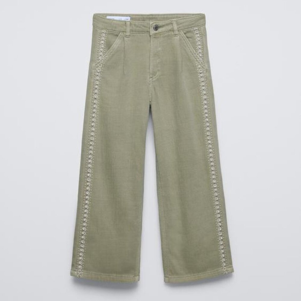 Zara Kids Girls Embroidery Pearl Trim Wide Leg Trousers Pants Jeans 11-12